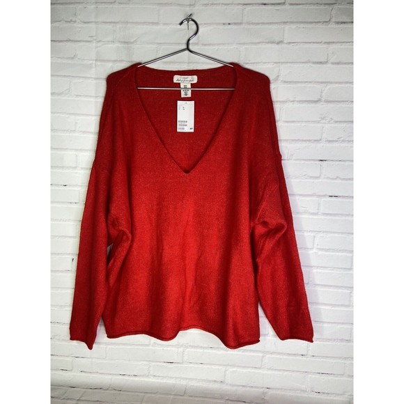H&M LOGG Long Sleeve V Neck Knit Red Lightweight Sweater Top Blouse Womens XL - Picture 1 of 9
